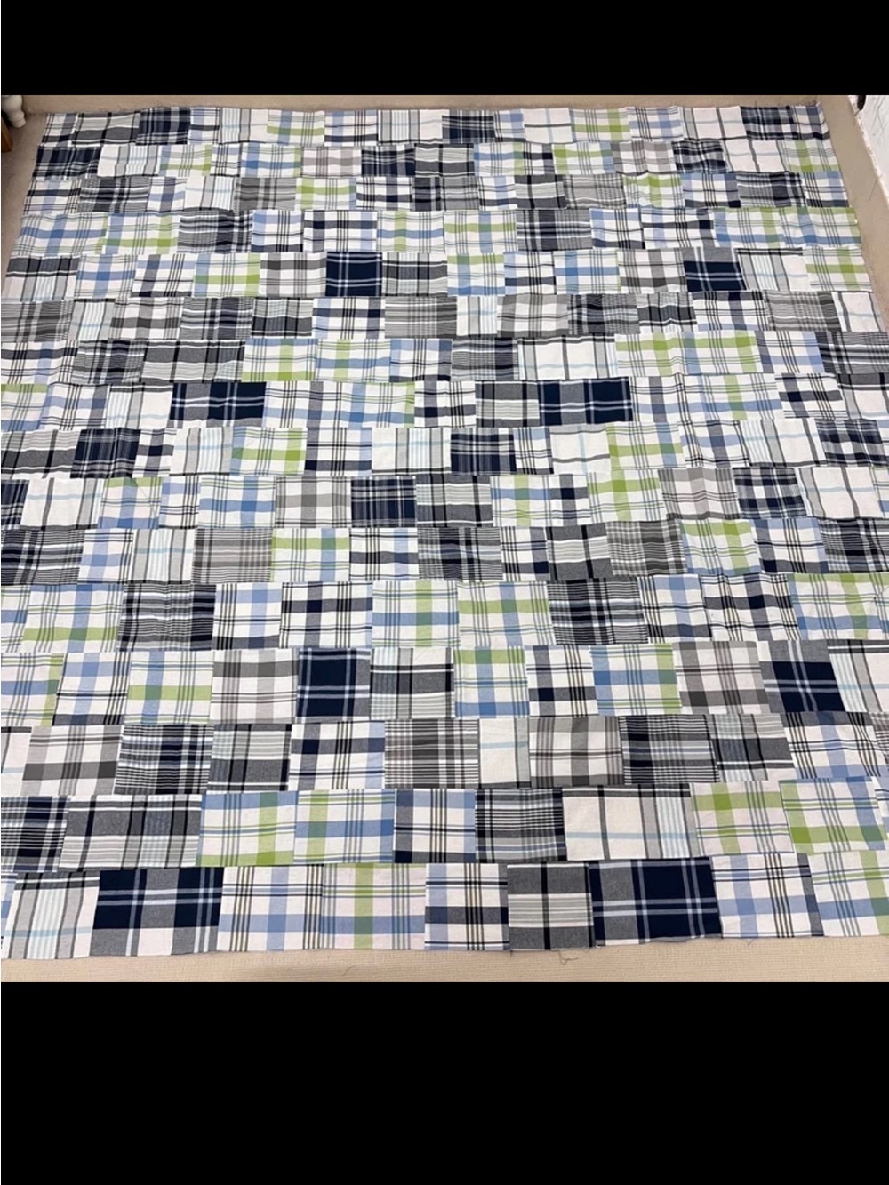 Handmade Blue Madras Plaid Patchwork Cotton Quilt Top/Topper 86x86”
